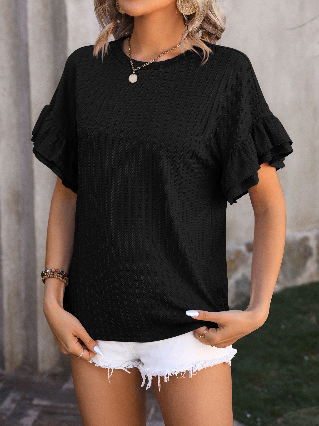 210g Weight Short Sleeve Sleeve Length Pullovers Placket Type Flounce Sleeve Sleeve Type Spandex, Polyester Fabric Type Regular Top Length T-shirt Tops Type Daily Occasion Round Neck Neckline Loose Fit Type Solid Color Pattern Summer, Spring Season Women's Gender Elegant Style Wholesale Women's Elegant Solid Color Short Sleeve T-Shirts 12