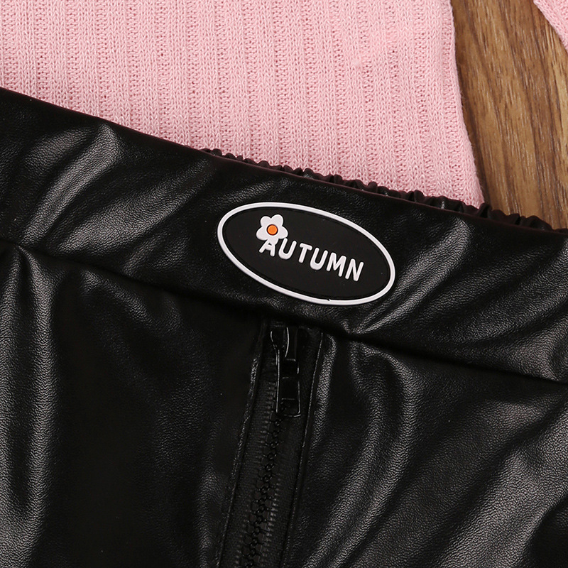 2024 Nuovo set primaverile da ragazza a maniche lunghe lavorato a maglia con gonna in pelle a metà corpo, abbigliamento per bambini_voghion.com