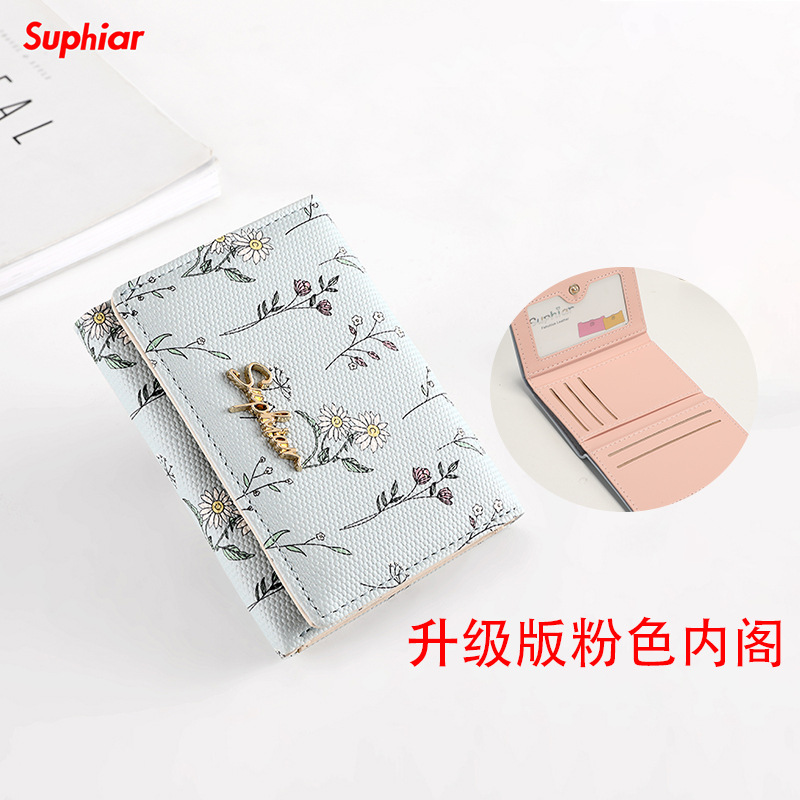 Cartera pequeña, pins japoneses, tres pliegues, flores y plantas, billetera corta, monedero fresco pequeño, bolso de tarjeta lindo coreano para estudiantes