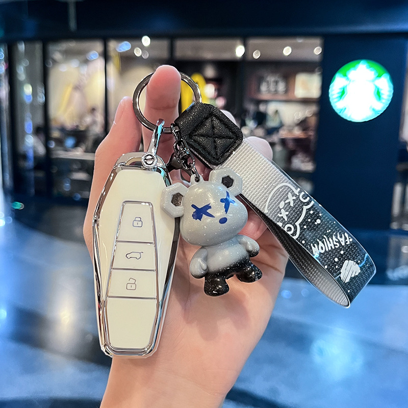 Chery Model I - 스마트 3버튼 [싱글 쉘 화이트] + 그레이 폭력 곰 펜던트