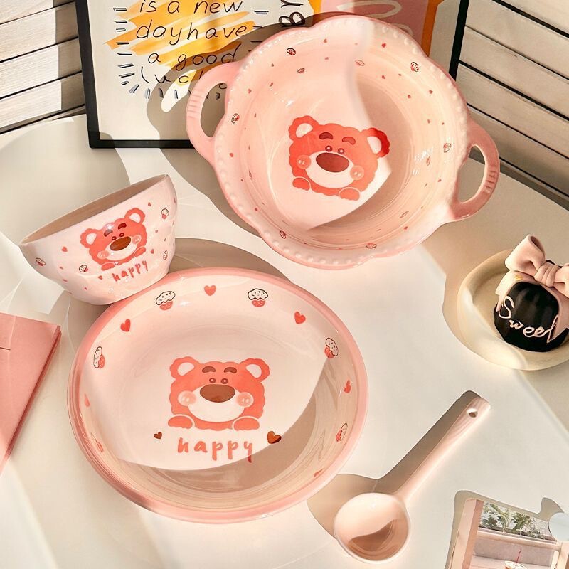 Strawberry Bear Tableware for One Person, Good-Looking Bowls and Dishes Set, Soup Bowl, Rice Bowl, Household Ceramic Plate, Underglaze Color
