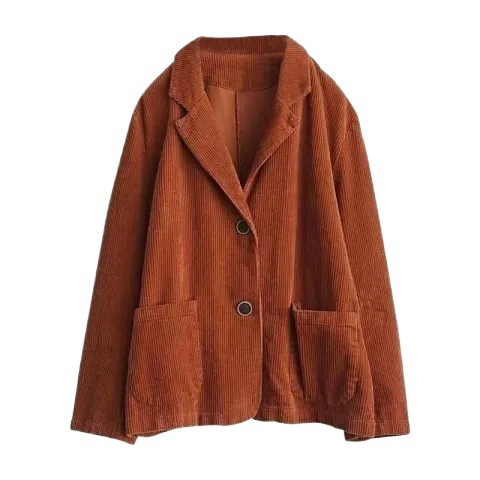 Corduroy suit, solid autumn jacket, retro long-sleeve for leisure, high collar