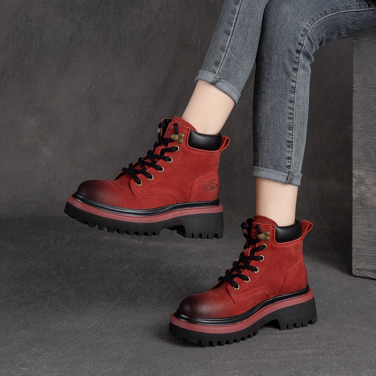 冬季真皮工装靴厚底英伦风马丁靴女牛皮高跟大黄靴女复古加绒加厚