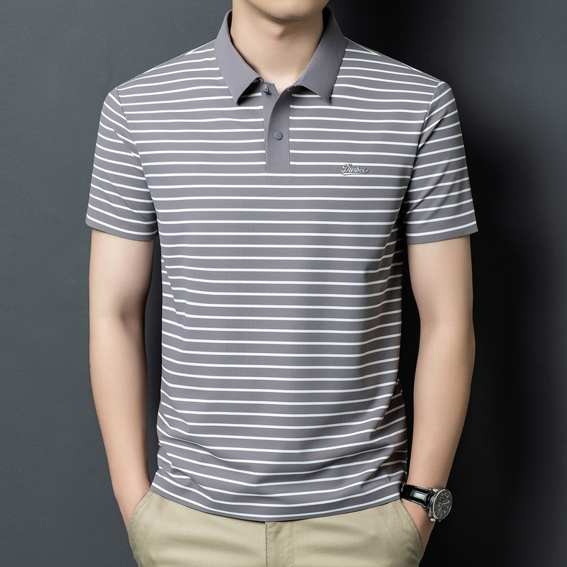 High-Quality Men's Striped T-Shirt 2026 New Product Middle-Aged Summer Casual Business Versatile Lapel Short-Sleeved T-Shirt High-Quality Men's Striped T-Shirt 2026 New Product Middle-Aged Summer Casual Business Versatile Lapel Short-Sleeved T-Shirt