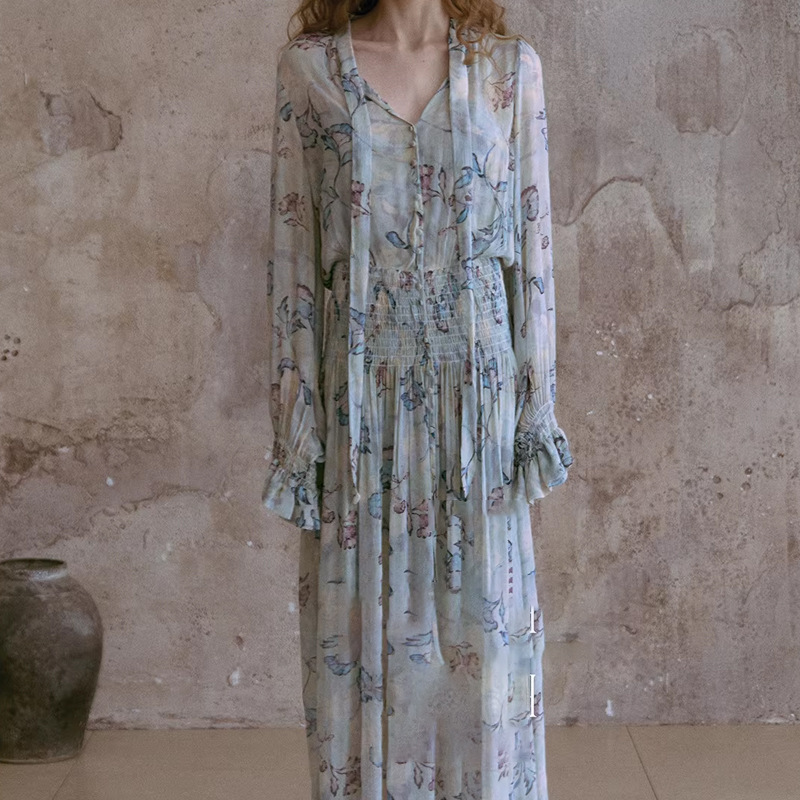 In-Stock "Misty Island Blue" Ethereal Nomadic Style Rayon French Print Dress New Model Dress