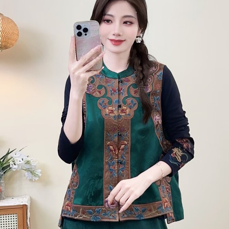 新中式马夹女2025新款民族风马甲女刺绣缎面提花坎肩立领盘扣背心|undefined