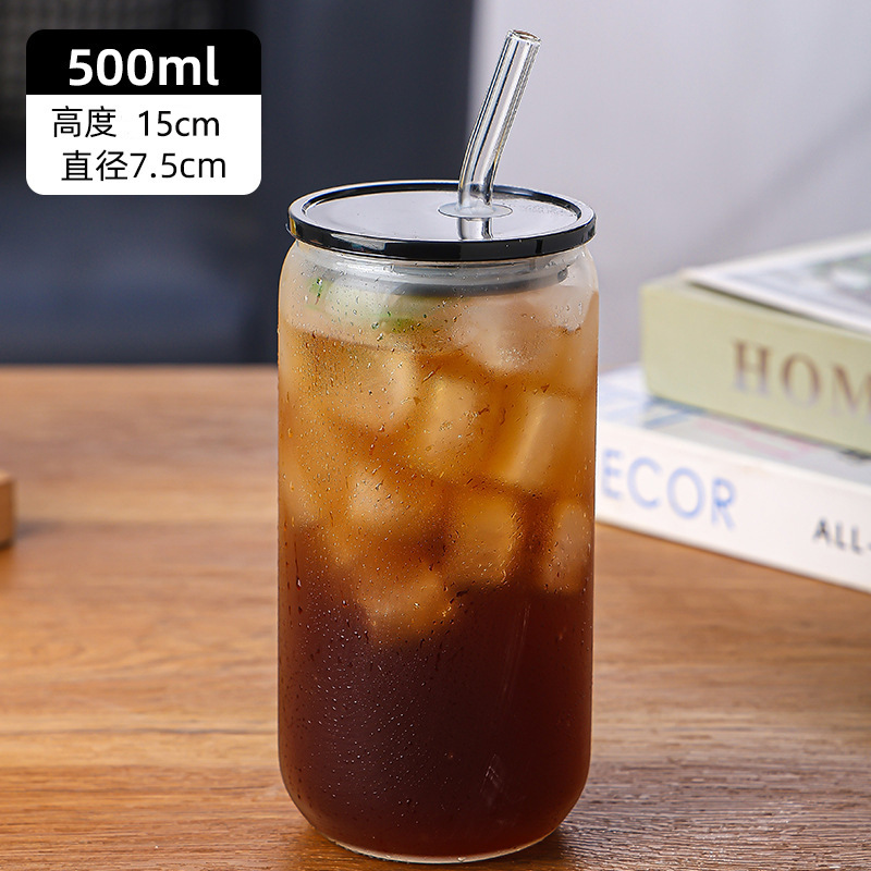 Amazon Cross-border 16oz taza de coco cubierta de bambú taza de pajita de vidrio de borosilicato de alto valor logotipo de impresión de taza de agua transparente de alto valor