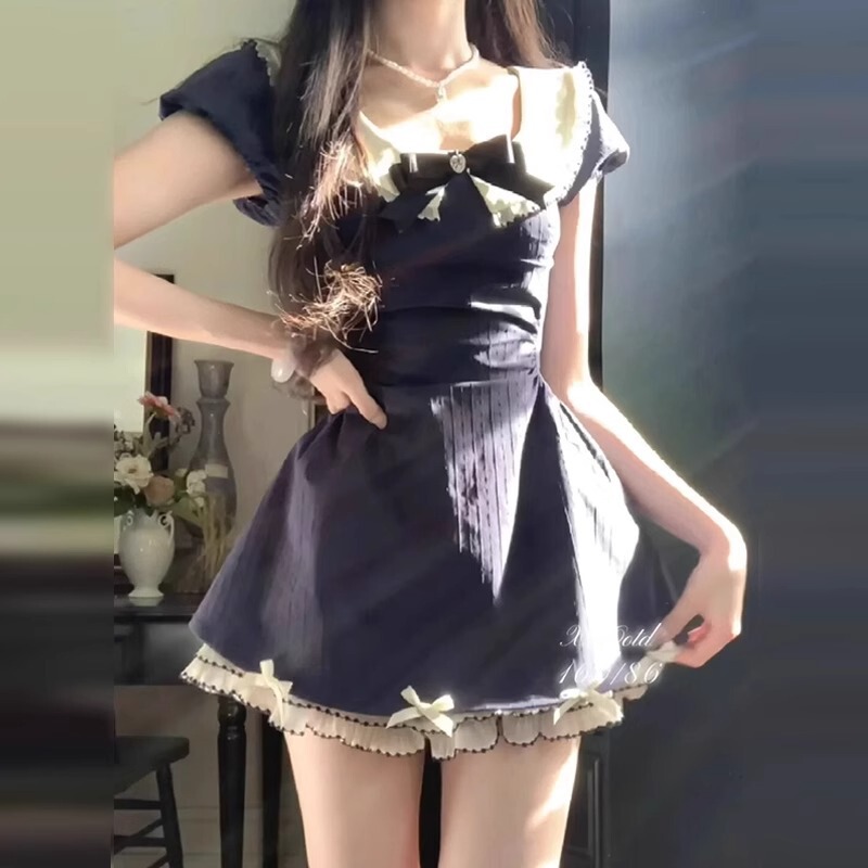 French College Style Pink Dress for Women Summer and Spring New Style Petite Waist Puffy Skirt