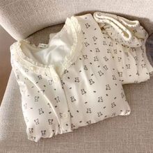 德绒睡衣女冬季长袖圆领蕾丝花边灰色小熊韩版ins加厚保暖家居服