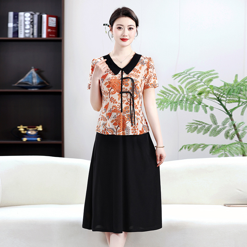Summer New Short-Sleeved Fake Two-Piece Dress New Chinese Style Slimming and Flesh-Covering Casual Mother's Mid-Length Skirt