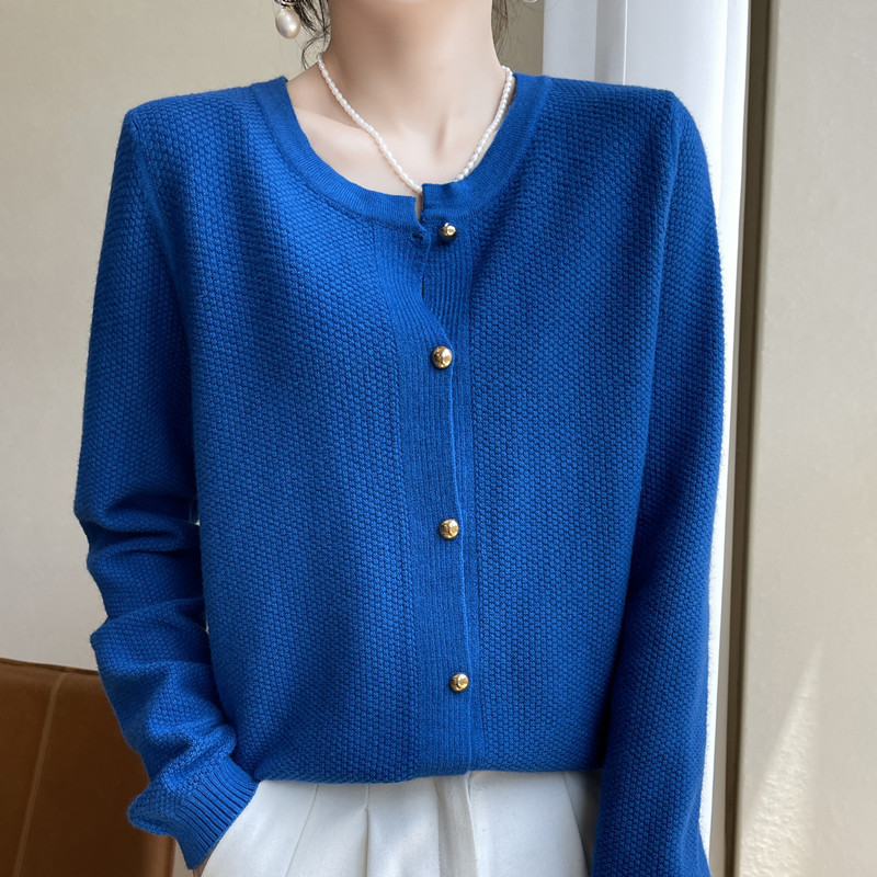 26 Spring and Autumn New Style Wool Knitted Cardigan for Women, Royal Blue Fashionable and Versatile Long Sleeve Sweater