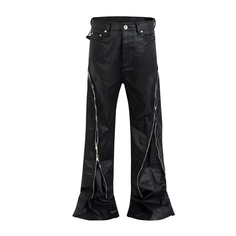 Magic Bear American High Street Ro Style Spiral Track Zipper Design Coated Denim Pants Loose Wide-Leg Floor-Length Pants