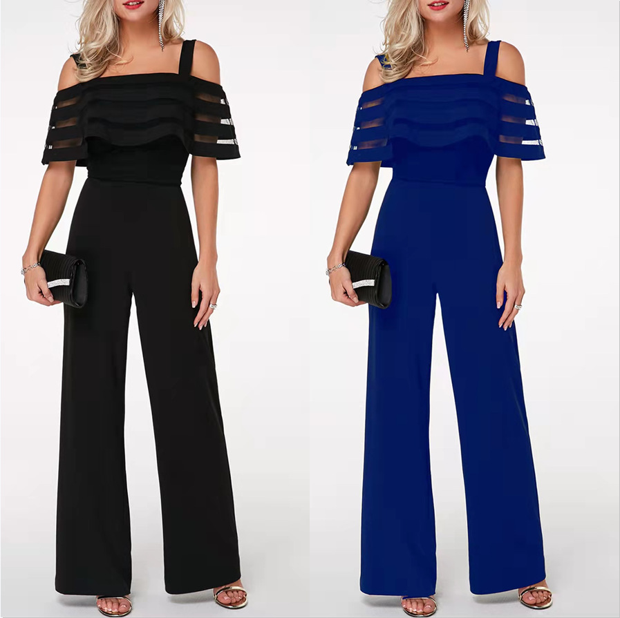 2025 Europe and the United States cross-border Amazon independent station sling women's solid color stitching waist-length jumpsuit