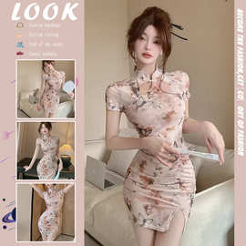 时尚性感短款旗袍年轻款少女日常复古印花修身显瘦新中式连衣裙子