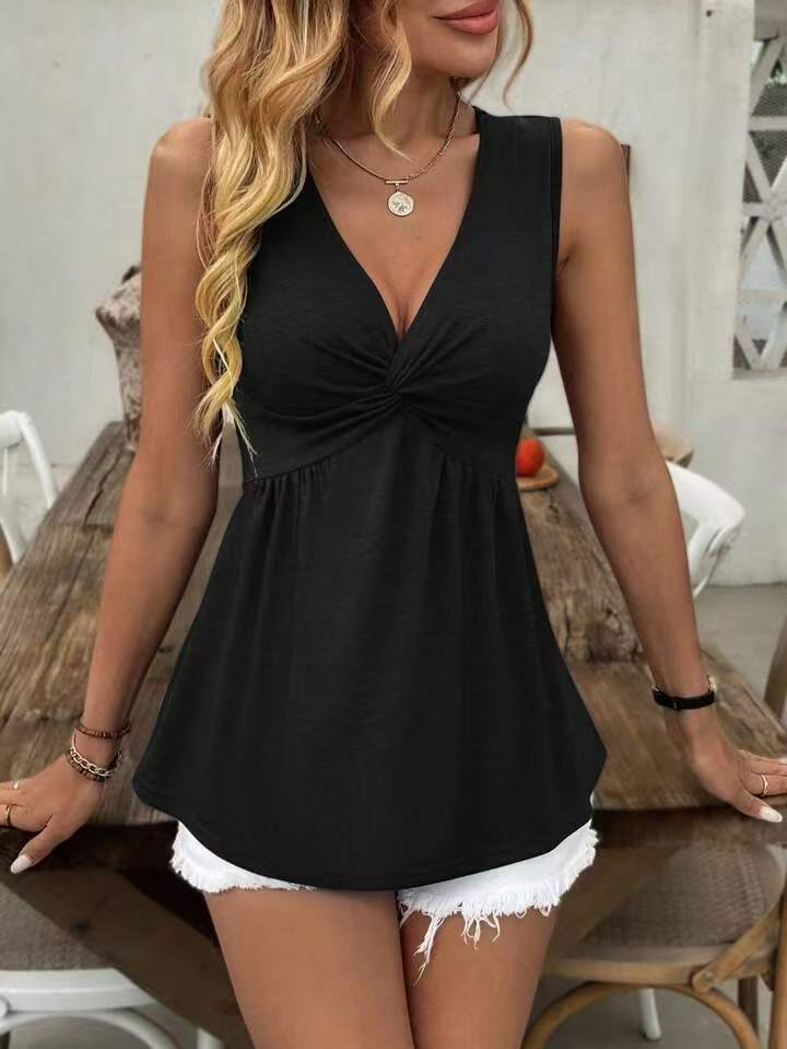 Women's Sleeveless V-Neck Vest T-Shirt With Twisted Pleats Waist Cinching Summer Fashion Tank Top_ecoleips.com
