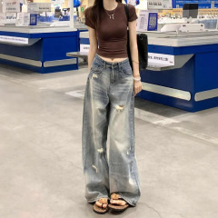 高腰美式破洞阔腿牛仔裤女夏季新款小个子宽松百搭直筒显瘦拖地裤