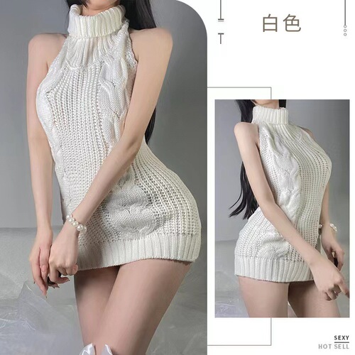 European and American sexy lingerie women's uniforms to tempt cute new girls backless ergo star sexy turtleneck knitted sweater foreign trade