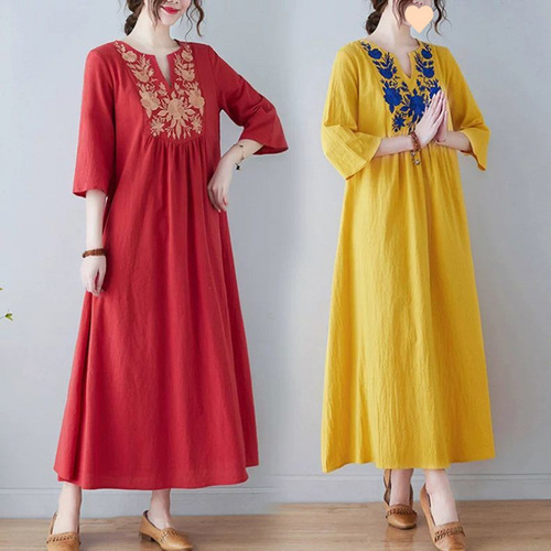 Embroidered cotton and linen maxi dress for plus-size women, seven-armhole collar, covers the abdomen, long length, imitation linen word dress