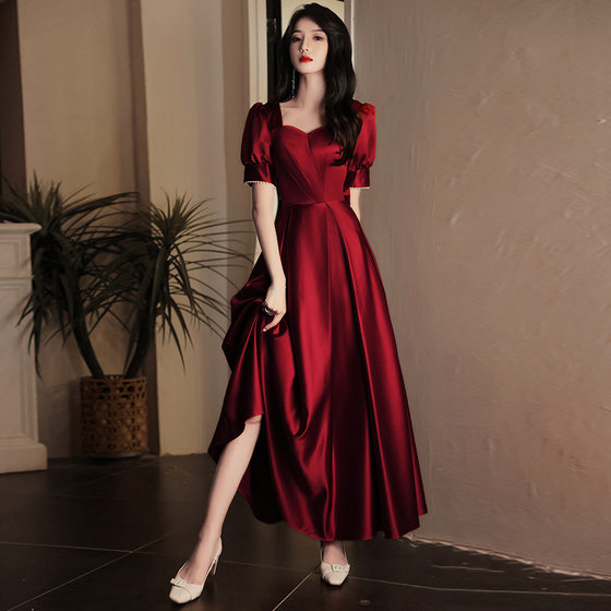 Satin toast dress bride 2024 new spring and autumn wedding engagement evening dress female host wine red square collar