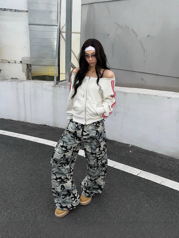 梵思羽美式复古迷彩工装牛仔裤女潮牌宽松百搭拼接阔腿拖地长裤子|undefined