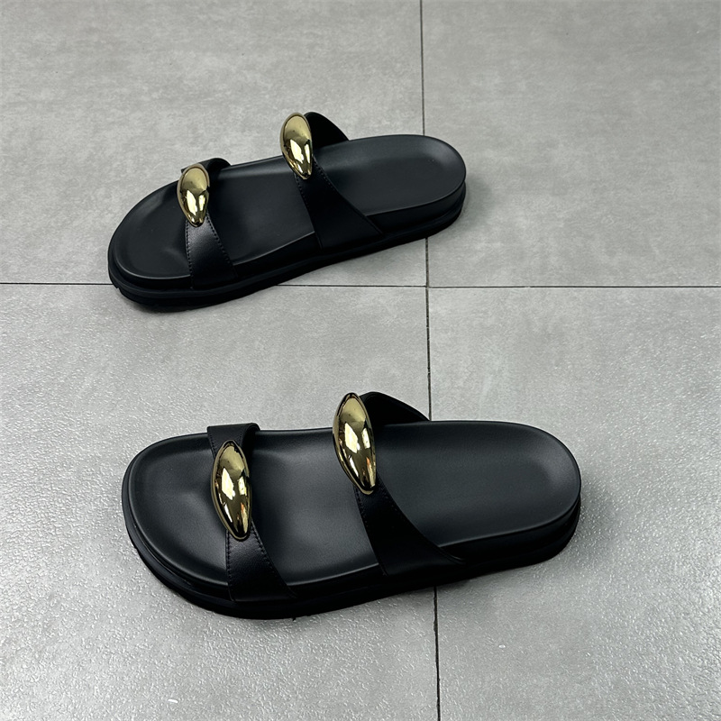 厚底拖鞋女外穿2025夏季新款圆头复古金属扣百搭小香风一字型凉拖