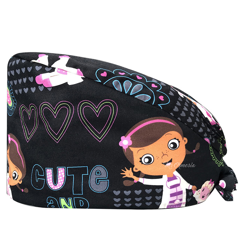 Gorro de Médico de Algodón Puro Estampado para Comercio Exterior, con Correa Ajustable con Botones, Absorbente de Sudor, Gorro de Dibujos Animados para Estudio, Gorro de Enfermera de UCI