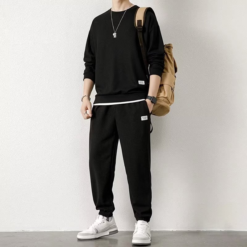 Cross-border waffle knit sweatshirt set, loose and casual, new autumn and winter round-neck men's long-sleeve and long-pants outfit for teenagers Cross-border waffle knit sweatshirt set, loose and casual, new autumn and winter round-neck men's long-sleeve and long-pants outfit for teenagers