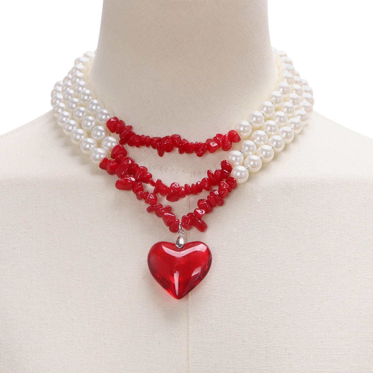 Collar largo retro con cadena de perlas turquesas y corazón cristal_voghion.com
