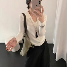 韩系软糯针织衫女早秋季2025新款修身套头Polo领毛衣内搭打底上衣