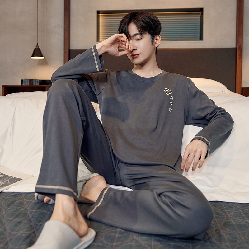 Pure cotton pajamas men's spring and autumn long-sleeved youth solid color casual plus size outerwear homewear dad suit Pure cotton pajamas men's spring and autumn long-sleeved youth solid color casual plus size outerwear homewear dad suit