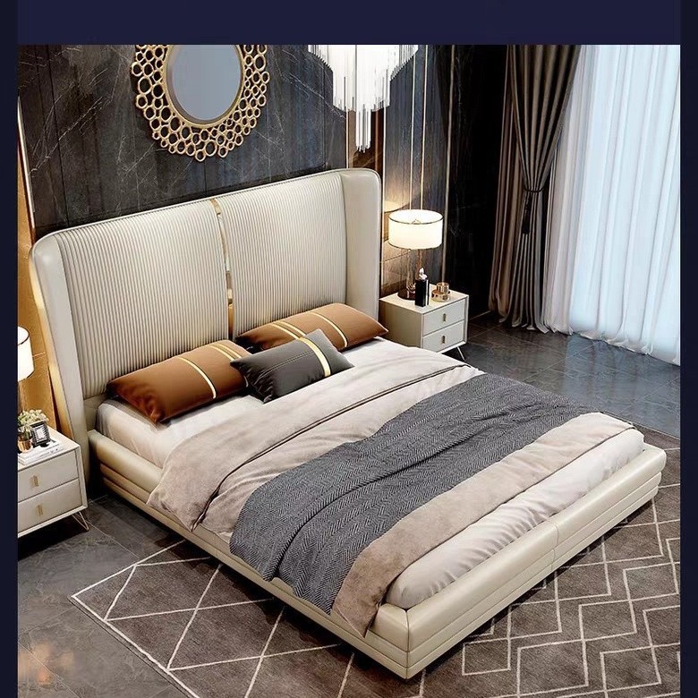 Cama de cuero ligera de lujo, cama principal moderna y simple, 2024 nueva cama doble italiana de gama alta, cama de boda cómoda