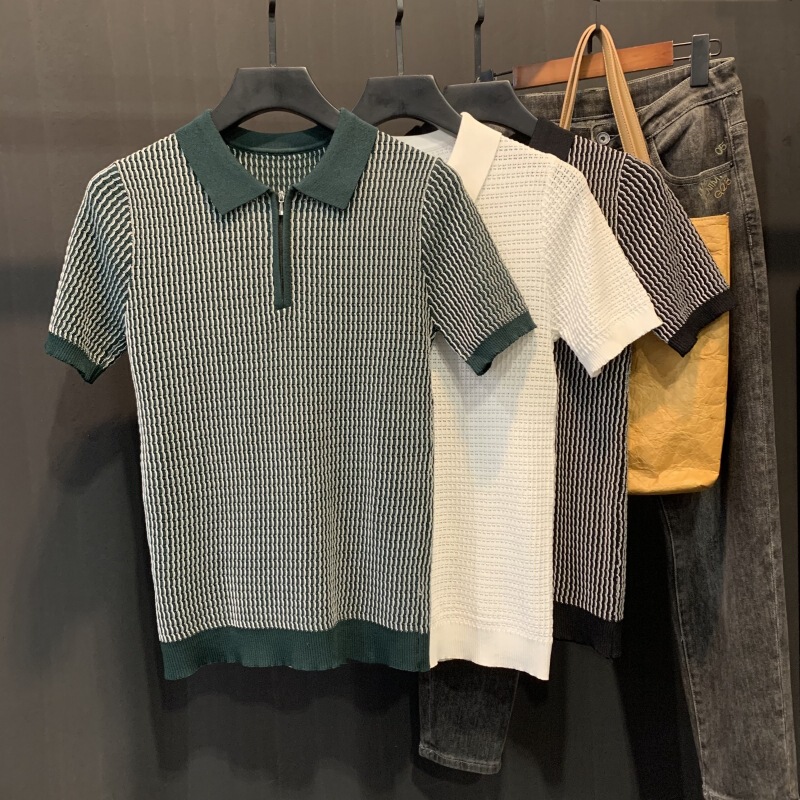 2025 Short-Sleeved Polo Shirt Men's Summer Thin Knitwear Half-Zip Jacquard Breathable Slim Half-Sleeve Korean Version 2025 Short-Sleeved Polo Shirt Men's Summer Thin Knitwear Half-Zip Jacquard Breathable Slim Half-Sleeve Korean Version
