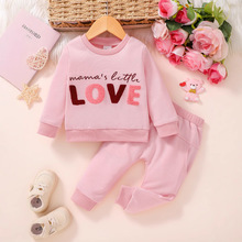 欧美童装女童春秋套装情人节新款LOVE毛巾绣婴童套装