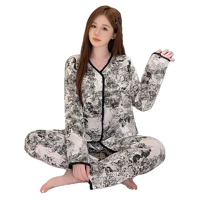 云朵棉睡衣女带胸垫春秋季复古水墨画长袖长裤宽松大码家居服套装|undefined