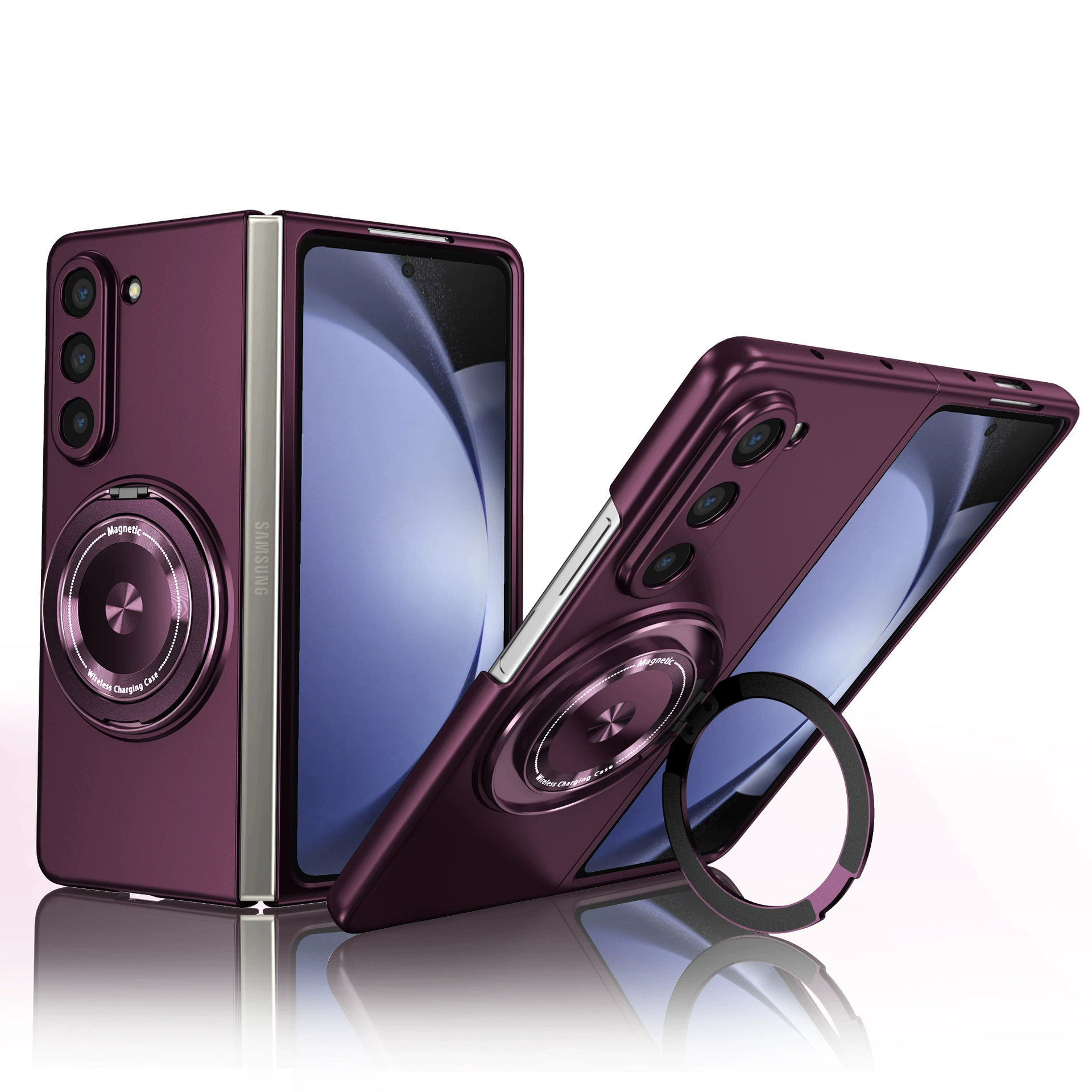 ケース（Samsung）Galaxy Z Fold7 — 磁気回転リングスタンド、Fold3〜Fold7対応、サファイア／ブラック／レッド