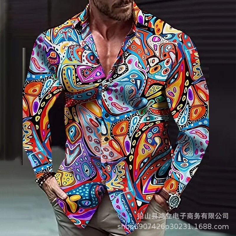 Holiday Shirt Men's 3D Printing Color Splash Ink Printing Casual Street Long Sleeve Fashion Printed Shirt
