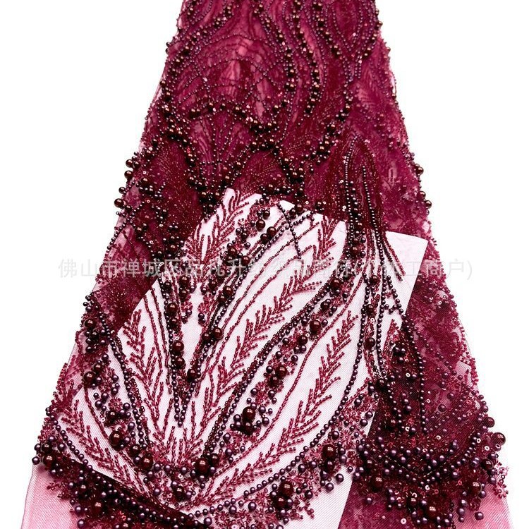 Peacock Feather Heavy Duty Pearl Pipe Mesh Fabric Fonytail Clavado a mano Beads Fishtail vestido de boda tela