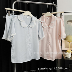 夏の新型二重襟超薄手氷糸パジャマ女性カジュアル快適女性家庭服セット卸売り