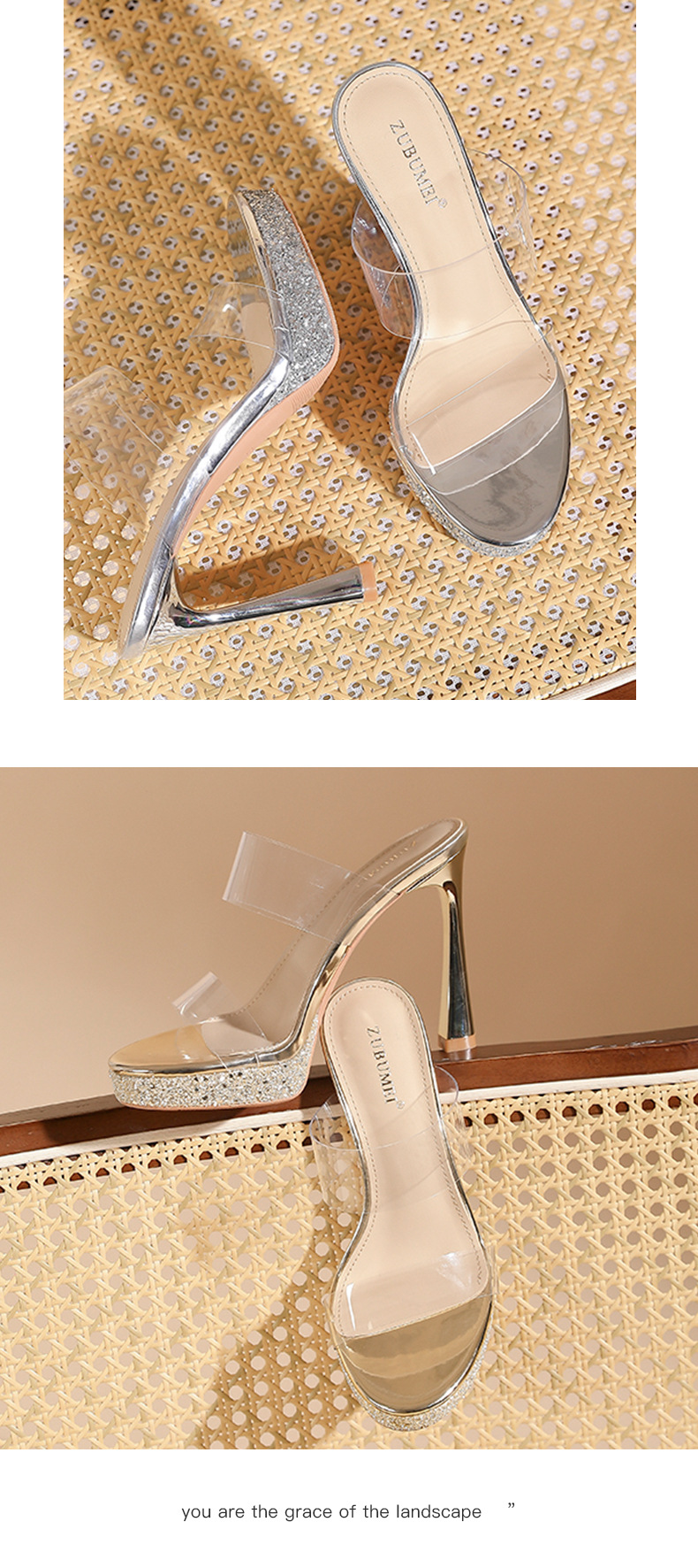 Sandal cao gót nữ hở mũi đế platform dày, quai ngang trong suốt, gót 11 cm — Bạc-11cm chi tiết 8