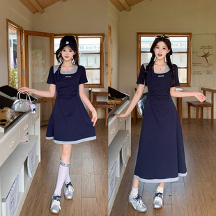 Actual Shot of 2025 New Summer Style Fat mm Large Size Fake Two-Piece Splicing Dress Long and Short Slimming Look A-Line Skirt 64643