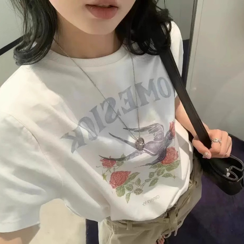 Korean Niche Designer Spring and Summer New Rose Swallow Print Short-Sleeved Loose Casual T-Shirt Women's Tops