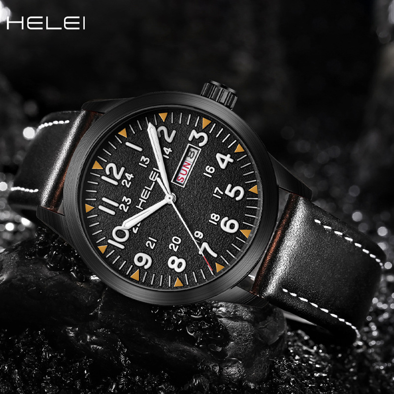 New Brand HELEI Men's Watch Genuine Leather Waterproof Luminous Wrist Watch Quartz Watch Calendar Week Display_voghion.com