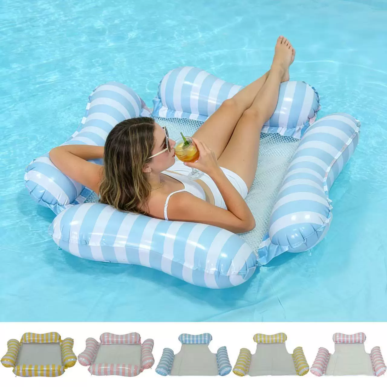 新款马卡龙条纹充气浮排三管四管 可折叠靠背浮床 成人水上吊床