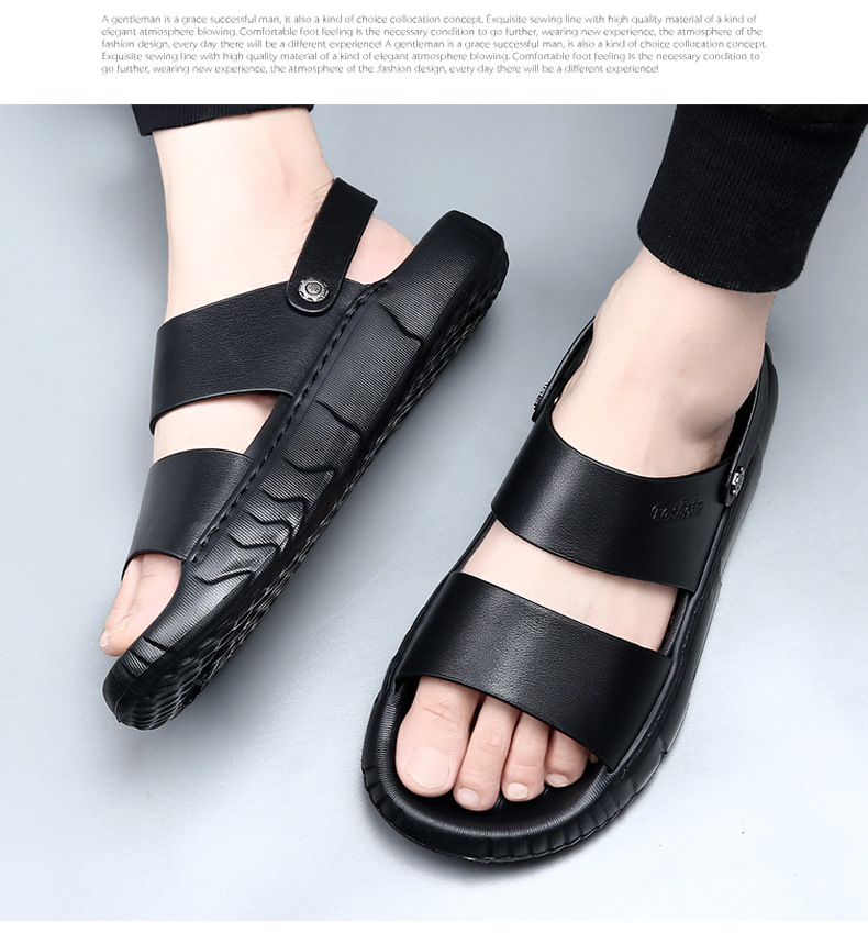 Summer Genuine Leather Sandals For Outdoor Wear, Non-Slip Soft Sole Beach Shoes, Men's Top Layer Cowhide Trendy Dual-Use_vogvips.com