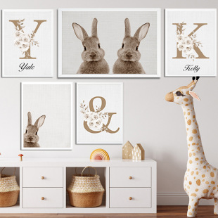 Custom Name flower letter English letter Name rabbit family hanging painting room poster canvas decoration
