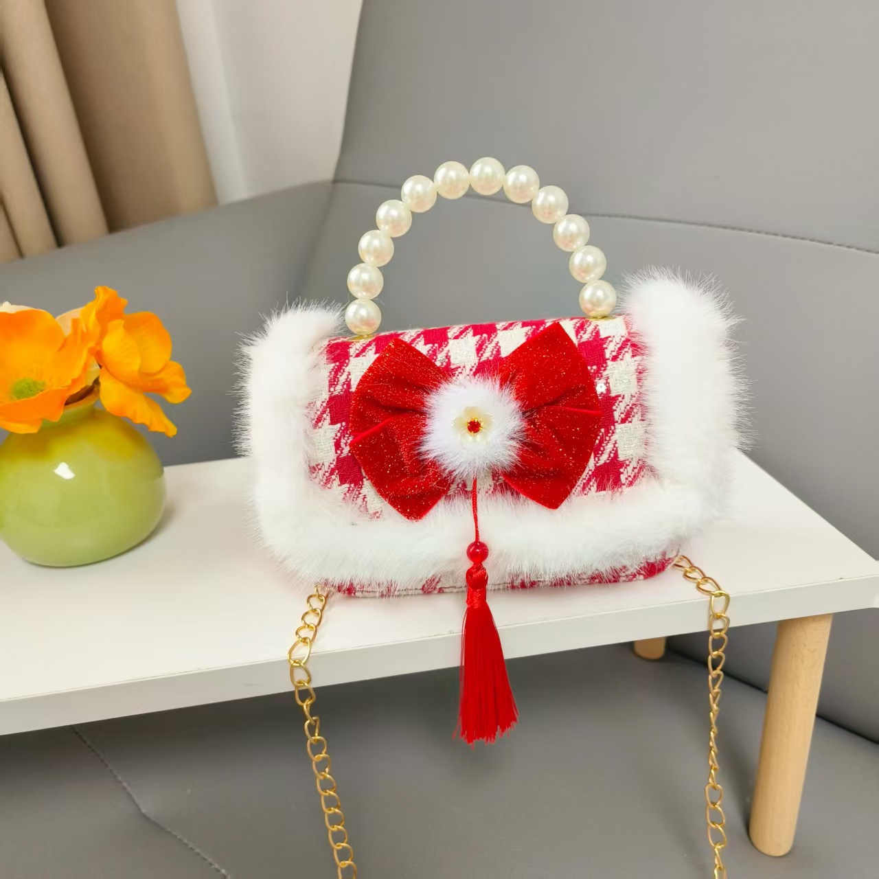 Bolso de la princesa portátil de perlas de Año Nuevo gran rojo para niños bolso de Año Nuevo bolso de chicas bolso de cadena pequeña bolsa de accesorios de viento fragante
