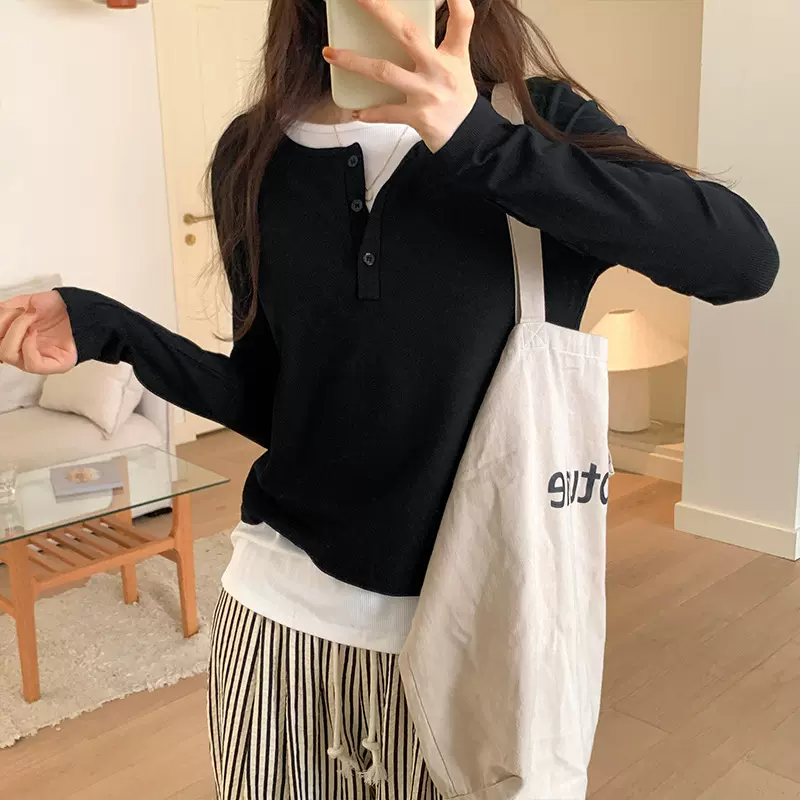 女士T恤上衣修身内搭螺纹棉外穿修身显瘦慵懒风纽扣假两件长袖