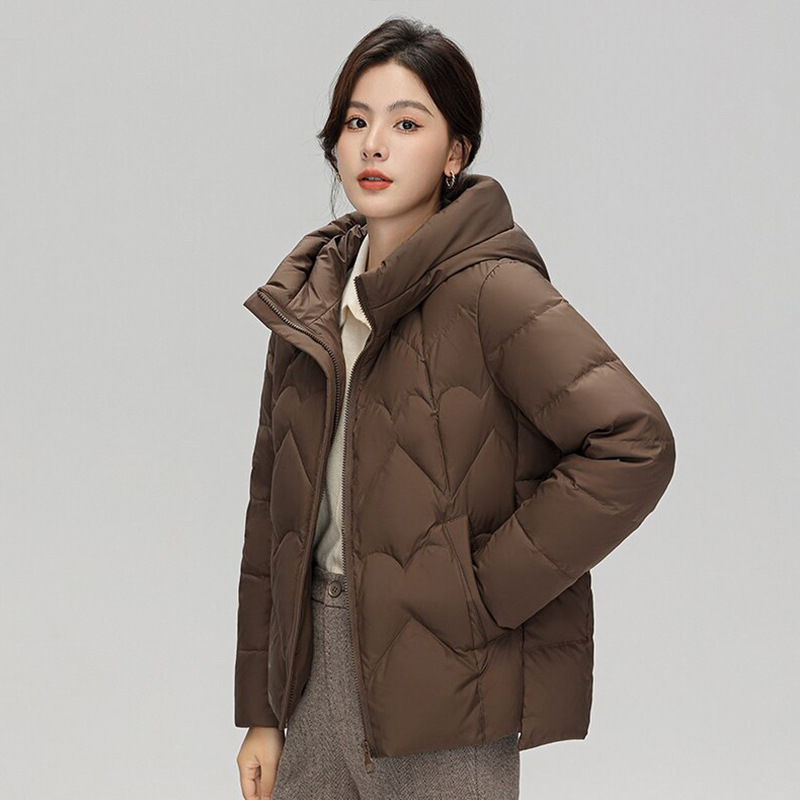 러브하트 후드 숏패딩, 신상 화이트 덕다운 여성용 다용도 단색 루즈핏 따뜻한 캐주얼 다운 자켓