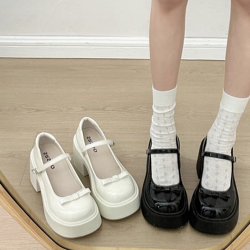 Black Slim High-Heeled Thick-Soled Small Leather Shoes for Women 2025 New Summer with Skirt Retro Shallow Mouth Mary Jane Shoes