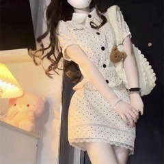 甘い水玉模様のラペルパフスリーブショートシャツトップ女性用+ハイウエスト多用途ヒップカバースカートトレンディ